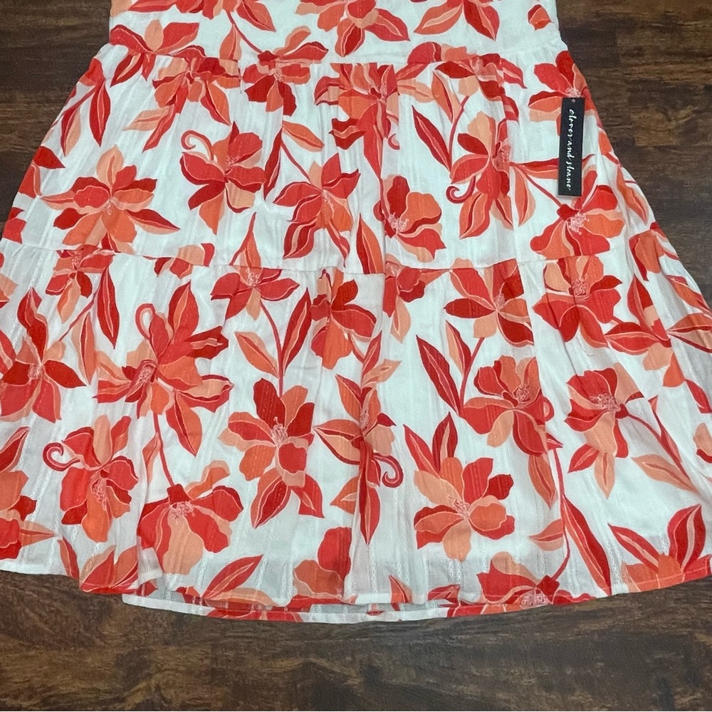 NWT Clover And Sloane Deep Coral & White Floral Tiered Cotton Dress Size Large - Picture 5 of 10